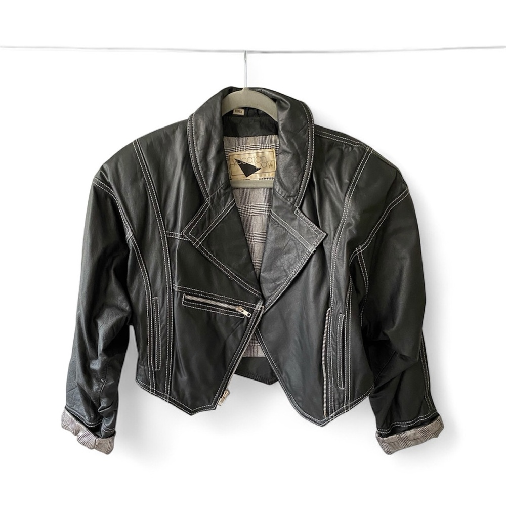 Black Leather Crop Moto Jacket 80s/90s Vintage Sz L